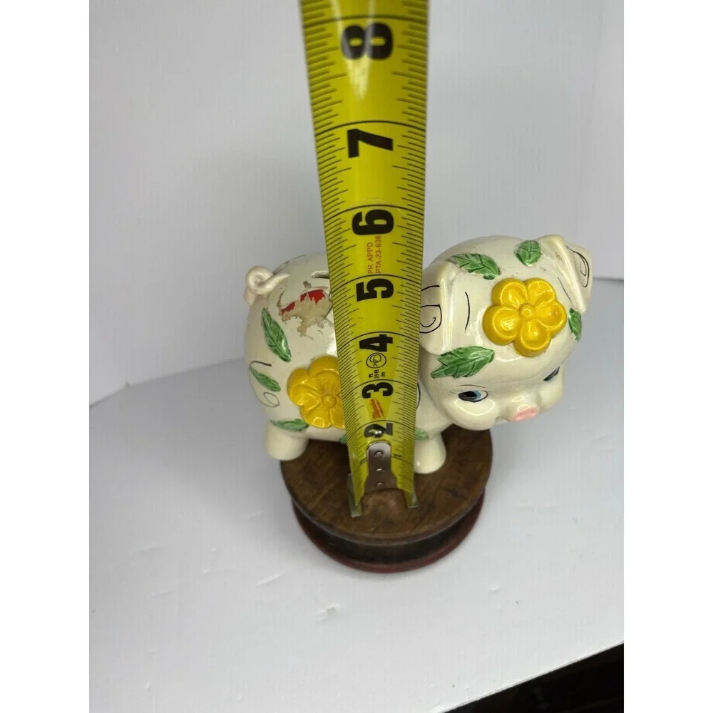 Vtg Plastic Piggy Bank Flowers Stopper White Yellow Whimsical Textured